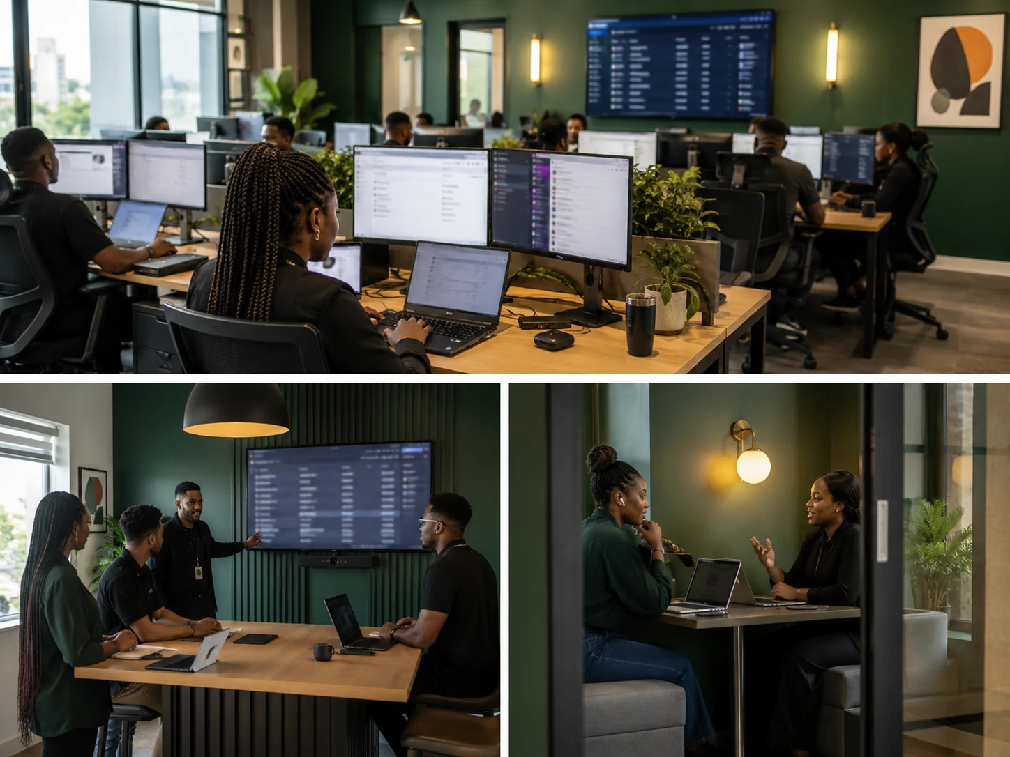 Three views of the Gronari office: the open-plan floor at dual-monitor desks, a stand-up around a wall screen, and a one-to-one conversation in a meeting booth.