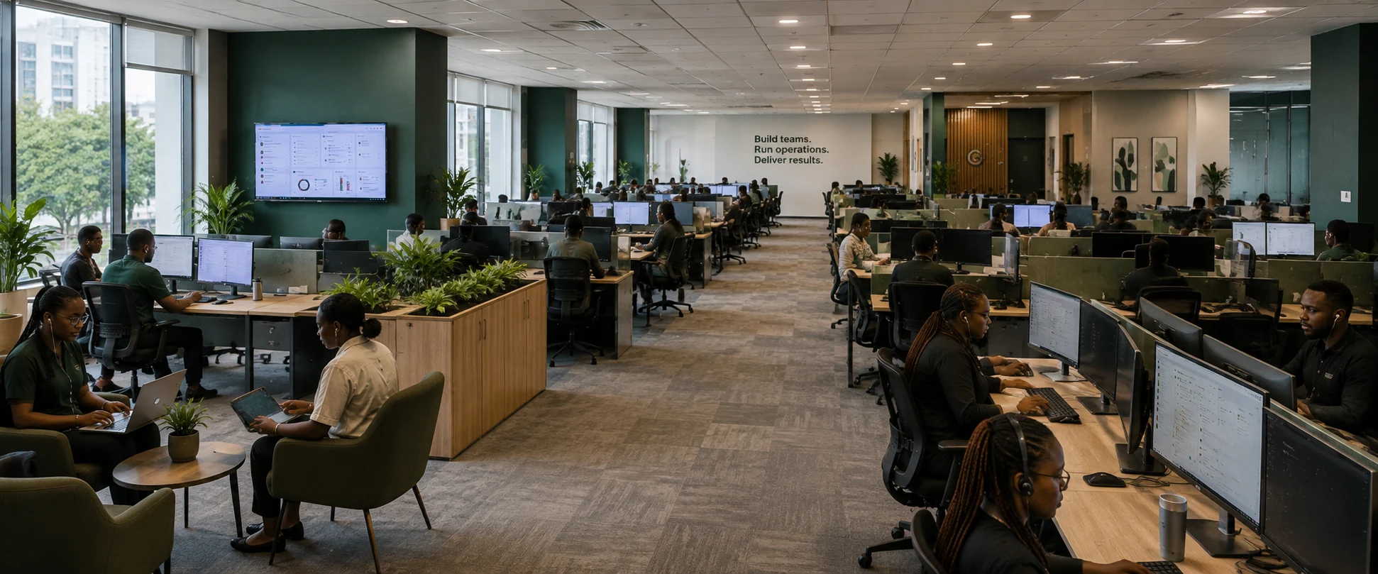 A wide view of the Gronari working floor: rows of desks, wall screens and a lounge corner, with the words “Build teams. Run operations. Deliver results.” on the far wall.
