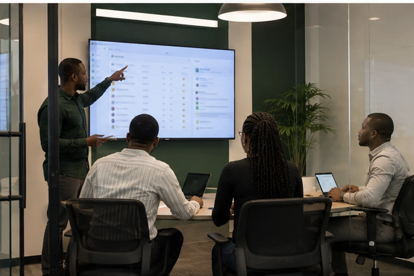 A Gronari recruiter presenting candidate assessments on a meeting-room screen to three colleagues.