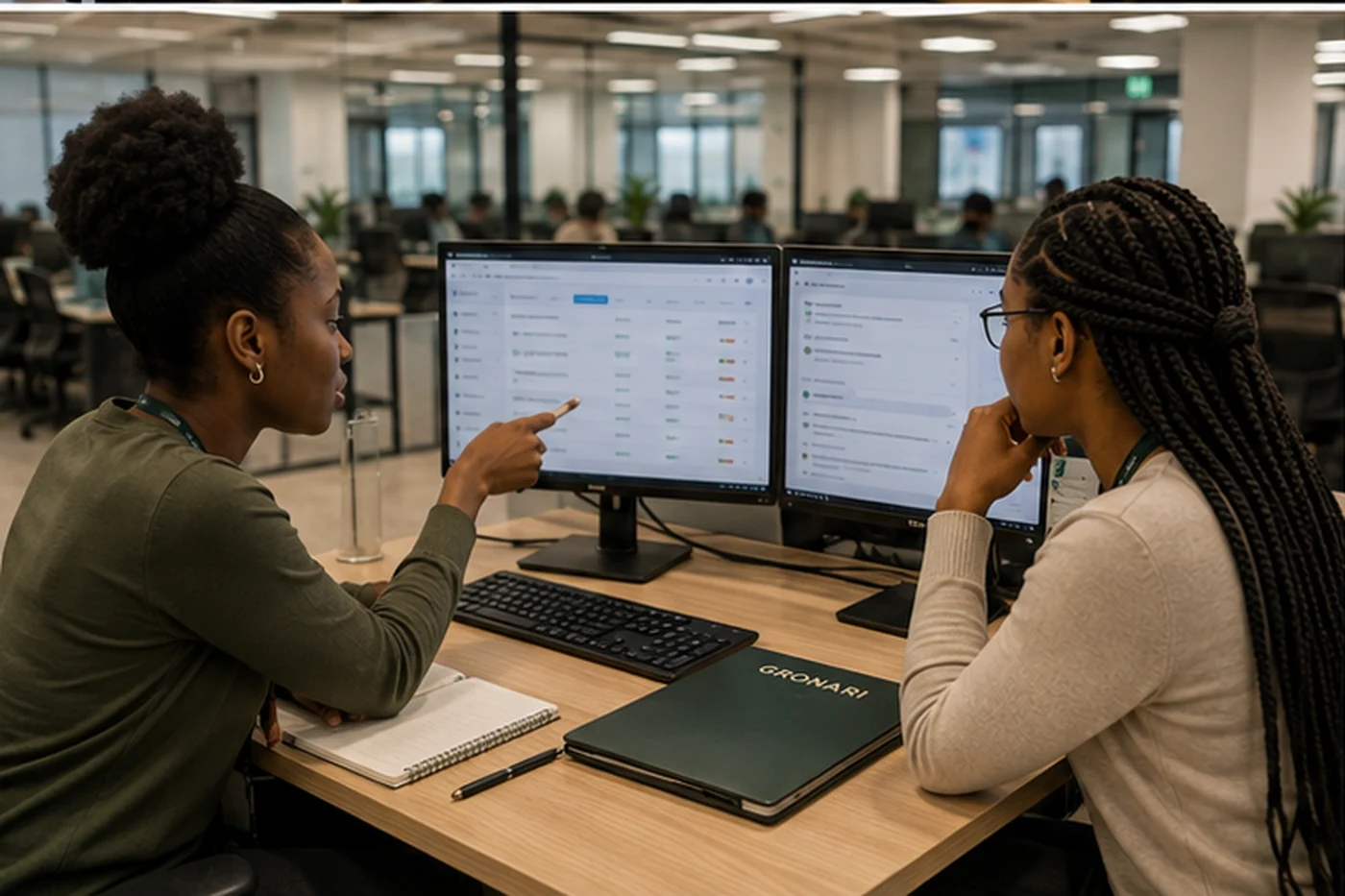 Two Gronari colleagues at a dual-monitor desk working through an onboarding plan, a Gronari notebook between them.