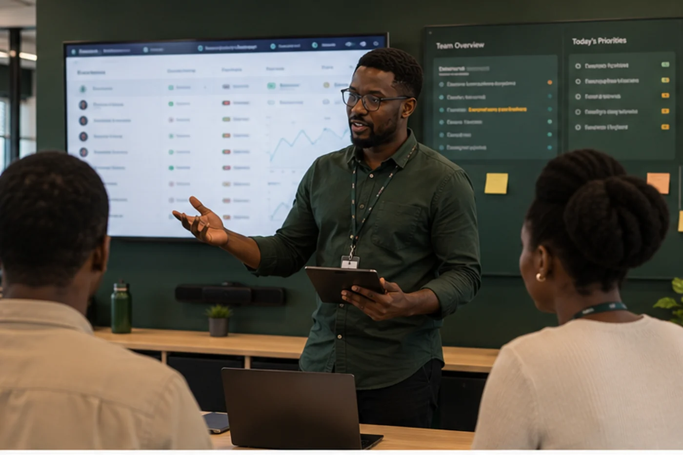 A Gronari operations manager with a tablet running the daily stand-up in front of a team overview screen and a board of today’s priorities.