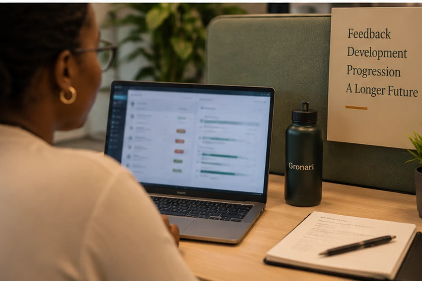 A Gronari team member reviewing a progression dashboard on a laptop, beside a sign reading “Feedback, Development, Progression, A Longer Future”.