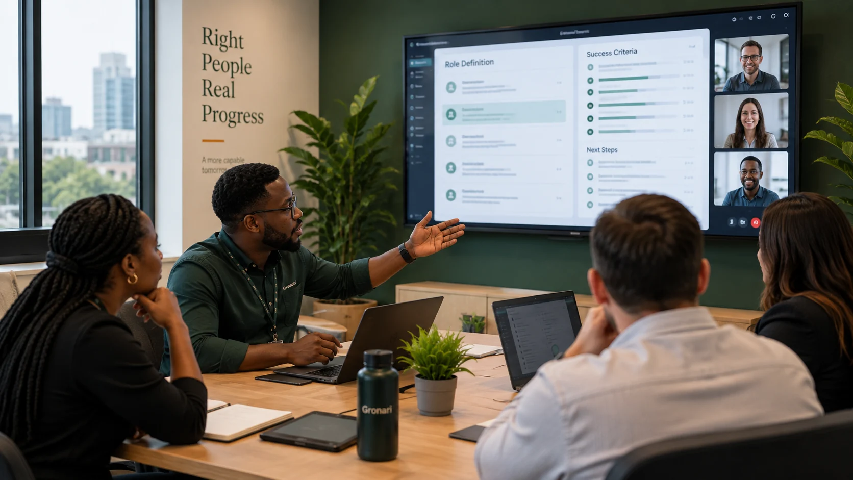 A Gronari team scoping a role in a meeting room, with “Role Definition”, “Success Criteria” and “Next Steps” on the wall screen and a client joining by video call. A wall sign reads “Right People, Real Progress”.