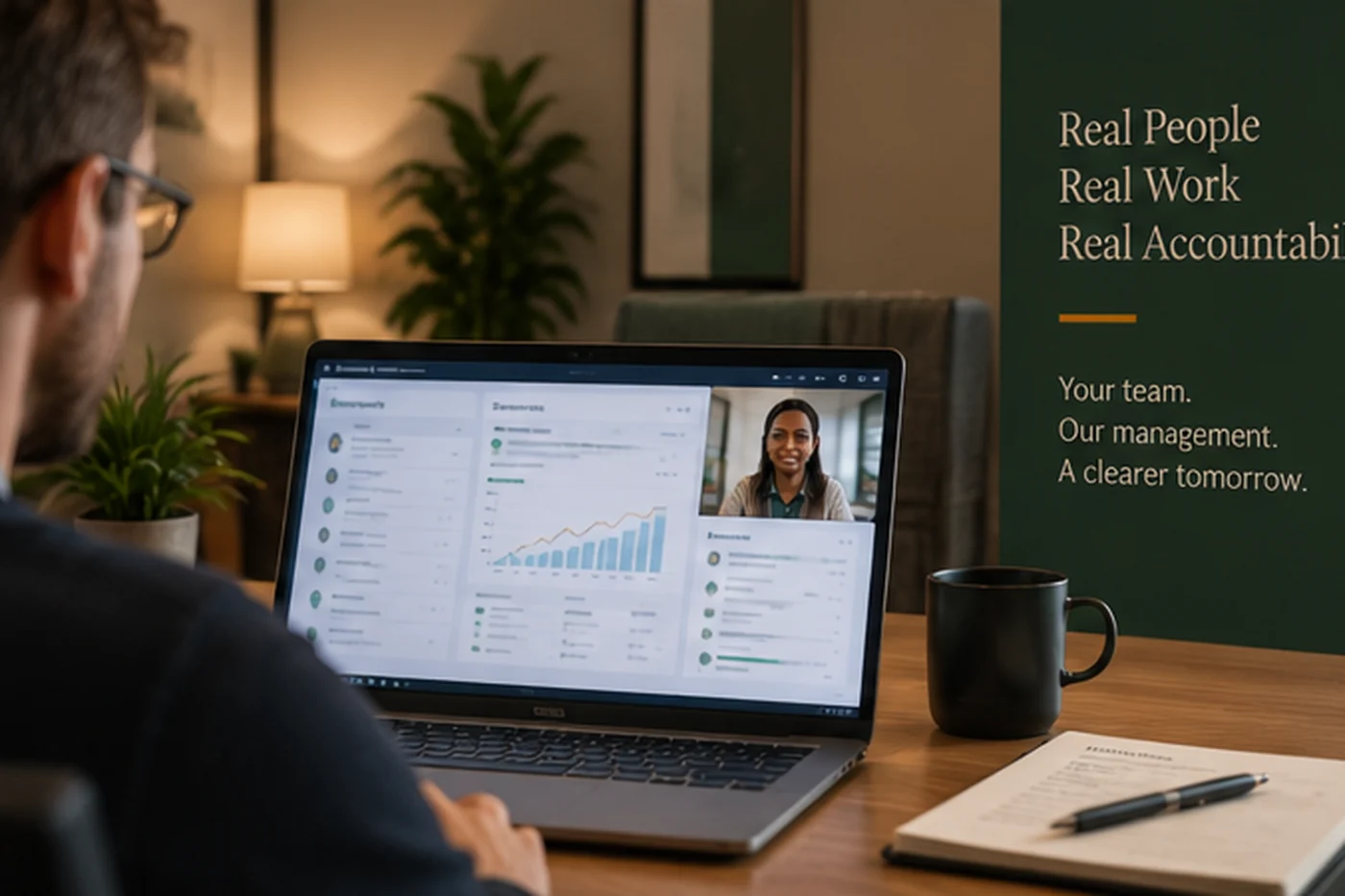 A client on a video call with a Gronari manager, a team performance dashboard on the laptop, beside a wall panel reading “Real People, Real Work, Real Accountability”.
