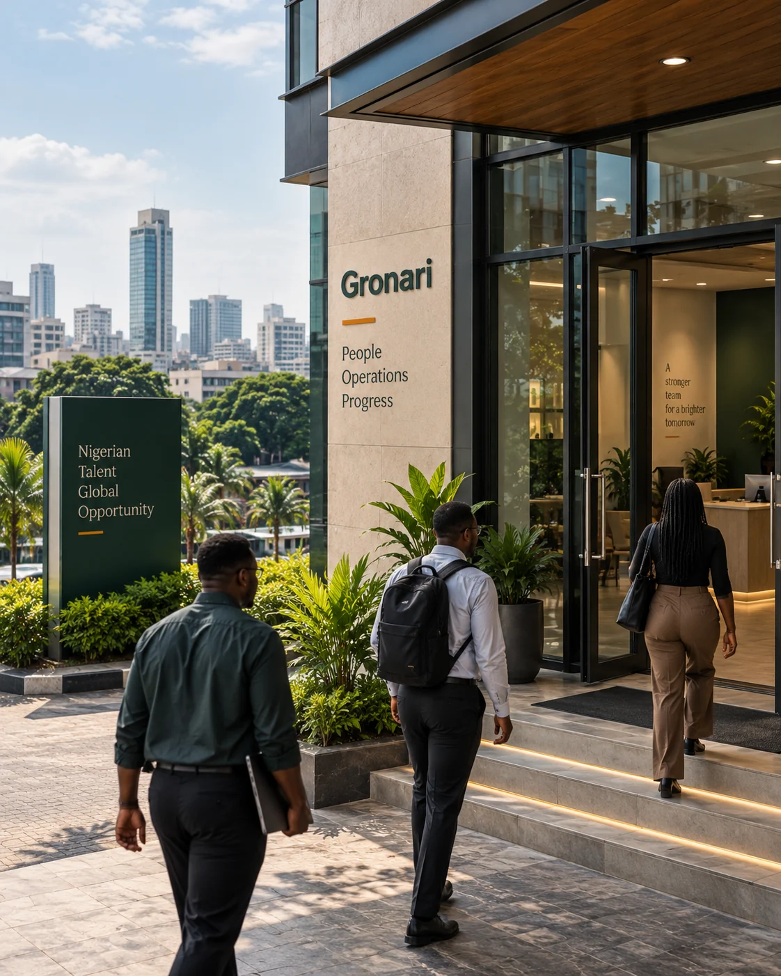 The entrance to the Gronari building on a bright day, with the city skyline behind it and the words “People, Operations, Progress” beside the door.