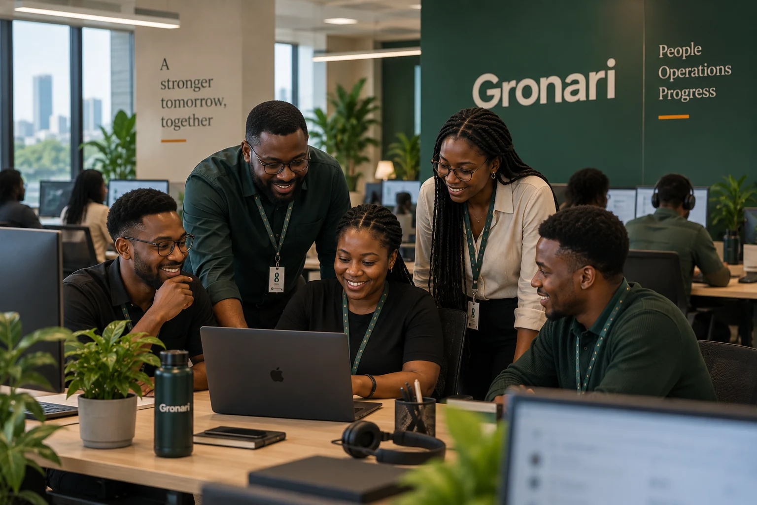 Five Gronari colleagues gathered around a laptop, smiling, in front of a green wall carrying the Gronari name.
